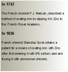 Text Box: In 1742 The French chemist P.J. Malouin, described a method of coating iron by dipping it in Zinc to the  French Royal Academy..In 1836French chemist Stanislas Sorel obtains a patent for a means of coating iron with Zinc after first cleaning it with 9% sulfuric acid and fluxing it with ammonium chloride.
